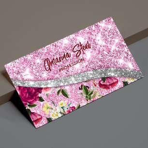 Carte De Visite Magnétique Chic floral glittery Purple rose argent monogramme