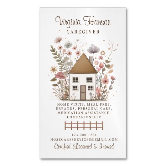 Carte De Visite Magnétique Cute Vintage Floral House Services aux aidants (devant Vertical)