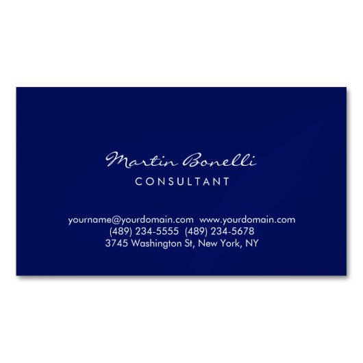 Carte De Visite Magnétique Dark Blue White Minimalist Script Plain Simple (devant)