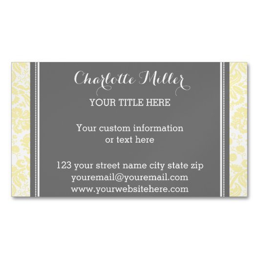 Carte de visite magnétique de damassé grise jaune (devant)