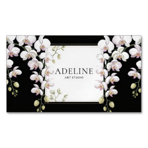 Carte De Visite Magnétique Élégant cadre or noir accent rose orchidée blanche