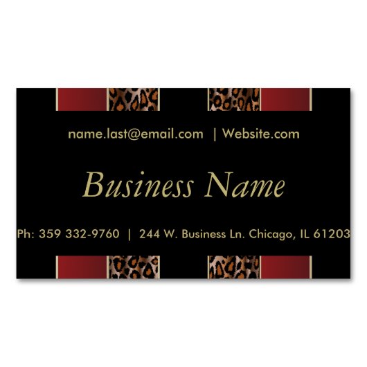 Carte De Visite Magnétique Élégant léopard noir, doré et bordeaux (devant)