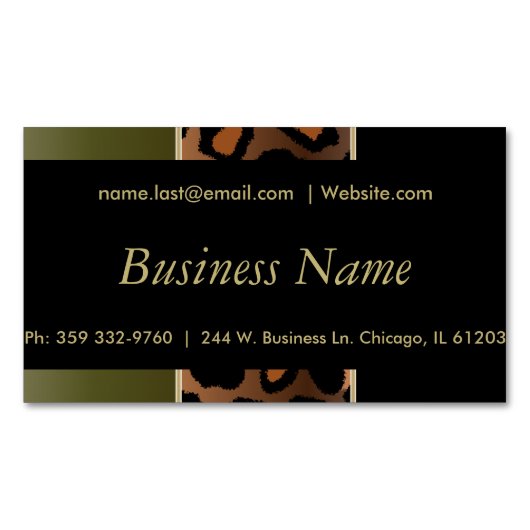 Carte De Visite Magnétique Élégant noir, or et olive Vert léopard rayures (devant)