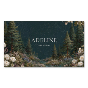 Carte De Visite Magnétique Forêt nocturne étoilée cadre doré fleurs crème pin