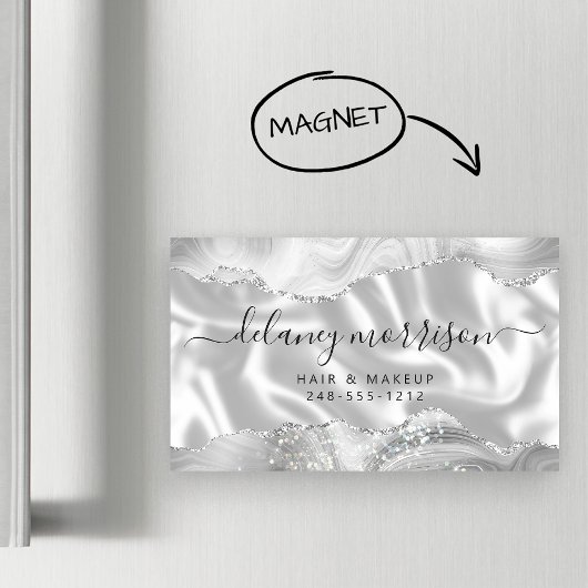 Carte De Visite Magnétique Gray White Agate Silver Glitter Luxury