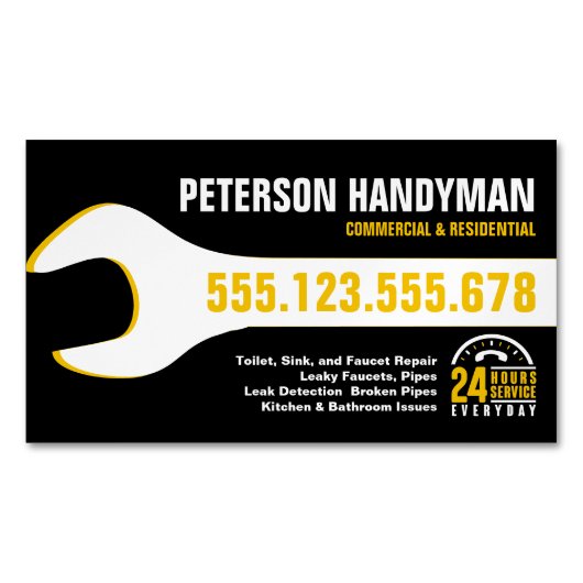 CARTE DE VISITE MAGNÉTIQUE HANDYMAN PLUMBING 24 HEURES D'URGENCE OUTIL WRENCH (devant)
