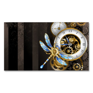 Carte De Visite Magnétique Horloge Steampunk avec Libellule Mécanique