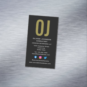 Carte De Visite Magnétique Initiales Monogrammes verticales Nom Black White G