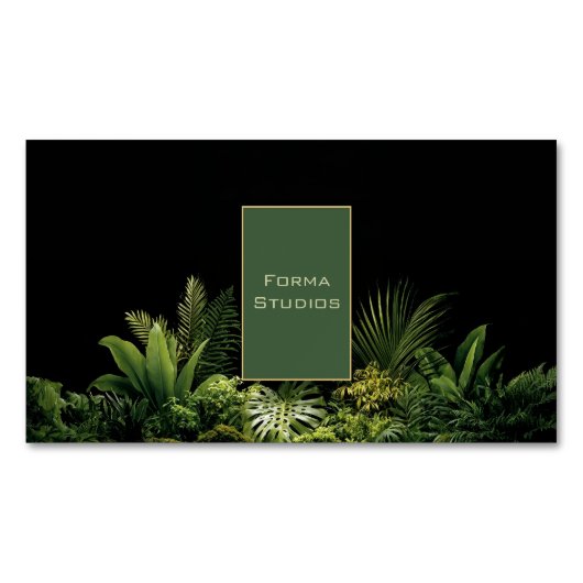 Carte De Visite Magnétique Lush Tropical Greenery Black Gold Frame Botanical (devant)