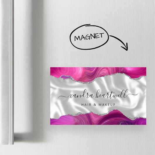 Carte De Visite Magnétique Magenta Agate Parties scintillant Argent Luxe
