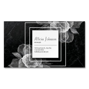 Carte De Visite Magnétique Marbre Noir Élégant Fleurs Blanches Carré Moderne