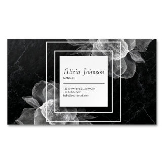 Carte De Visite Magnétique Marbre Noir Élégant Fleurs Blanches Carré Moderne