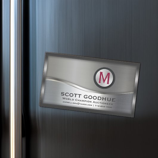 Carte De Visite Magnétique Monogramme encadré de métal noir et argent moderne