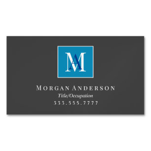 Carte De Visite Magnétique Monogramme & nom personnalisé blanc/bleu, cadre bl