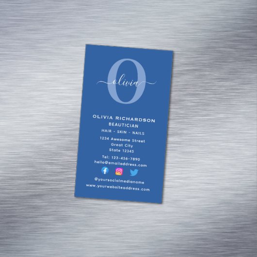 Carte De Visite Magnétique Monogramme vertical Nom du script Blue White Girly (In Situ)