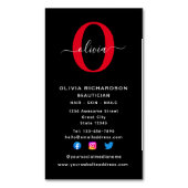 Carte De Visite Magnétique Monogramme vertical Nom du script Noir Blanc Rouge (devant Vertical)