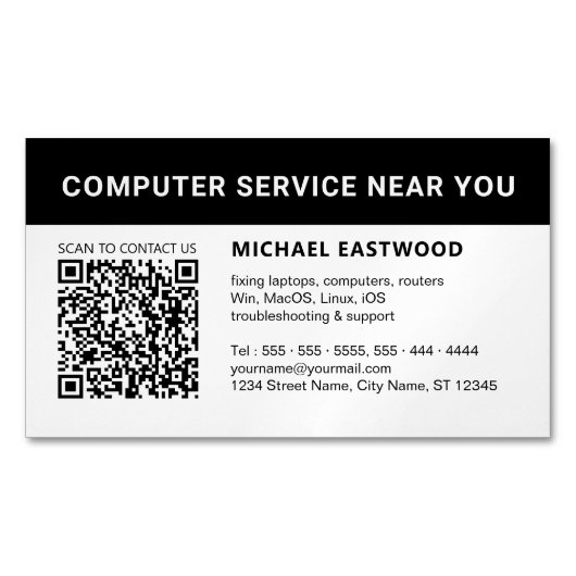 Carte De Visite Magnétique Noir blanc moderne QR Code Professionnel (devant)