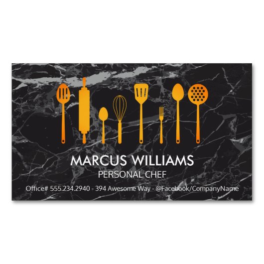 Carte De Visite Magnétique Outils de cuisine | Marbre noir (devant)
