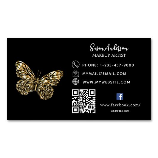 Carte De Visite Magnétique Papillon noir QR code Facebook (devant)