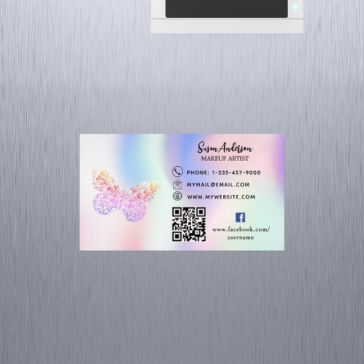 Carte De Visite Magnétique Papillon rose holographique code QR Facebook