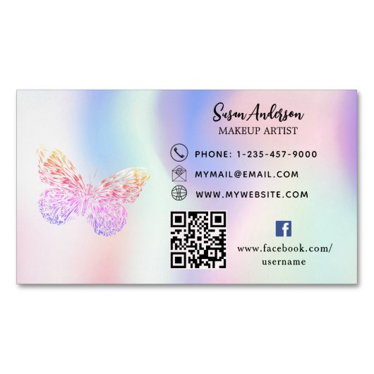Carte De Visite Magnétique Papillon rose holographique code QR Facebook (devant)