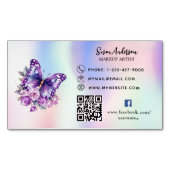 Carte De Visite Magnétique Papillon violet holographique code QR Facebook (devant)