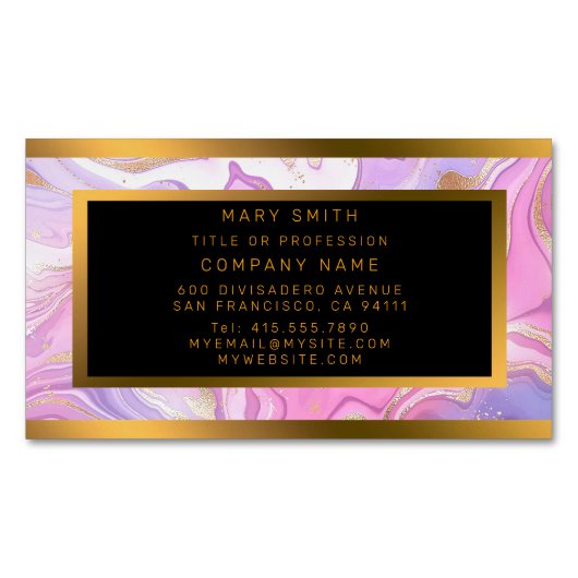 Carte De Visite Magnétique Parties scintillant en marbre rose violet or (devant)