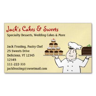 Carte De Visite Magnétique Pâtissier tenant un gâteau et des cupcakes