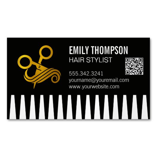 Carte De Visite Magnétique Peigne en or | Coiffeur | Code QR (devant)