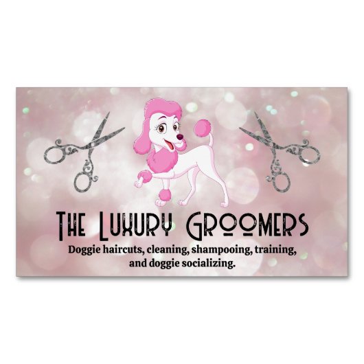 Carte De Visite Magnétique Poodle rose | Ciseaux de salon | Bokeh (devant)