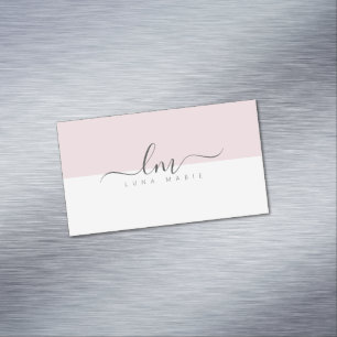 Carte De Visite Magnétique Rose et blanc, monogramme calligraphique minimalis