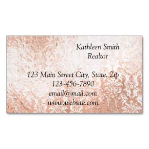 Carte De Visite Magnétique Rose Gold Damassé Élégant Script