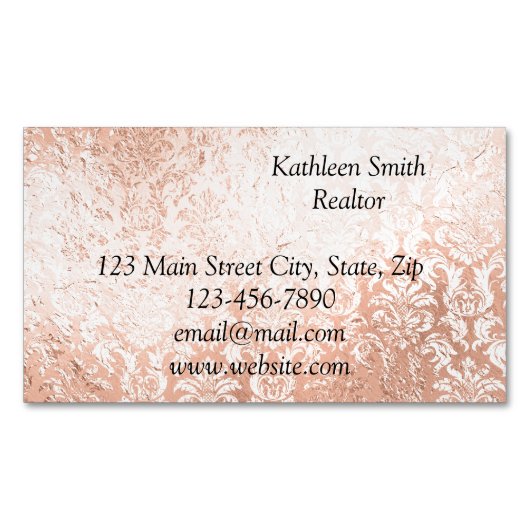Carte De Visite Magnétique Rose Gold Damassé Élégant Script (devant)