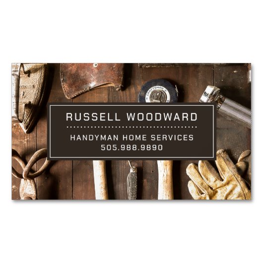 Carte De Visite Magnétique Rustique Handyman Carpenter Outils De Commerce (devant)
