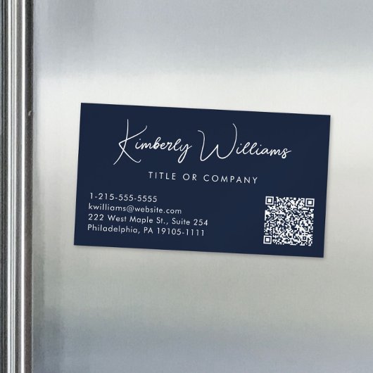 Carte De Visite Magnétique Script minimal QR Code professionnel bleu