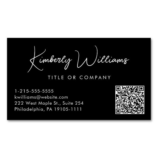 Carte De Visite Magnétique Script minimal QR Code professionnel noir (devant)