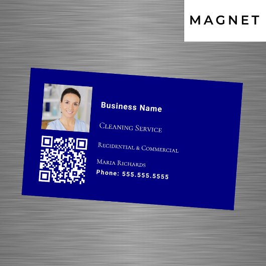 Carte De Visite Magnétique Service de nettoyage bleu marine photo code QR