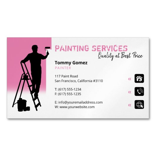 Carte De Visite Magnétique Services de peinture | Peintre au travail rose (devant)