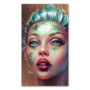 Carte De Visite Magnétique Turquoise Imaginaire Space Lady Portrait Artsy