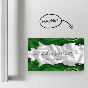 Carte De Visite Magnétique Vert Agate Luxe Paillettes Argentées