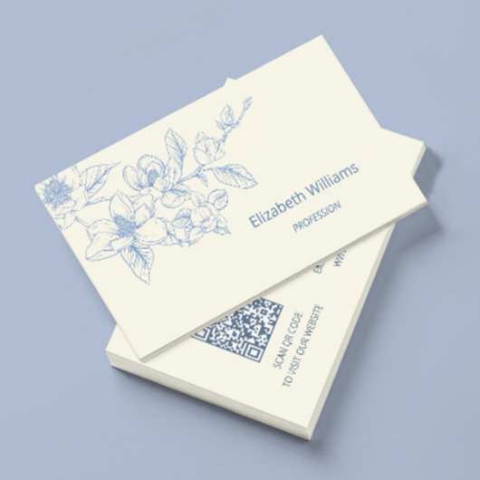 Carte De Visite Magnolia Crème Bleu Floral Moderne | Code QR