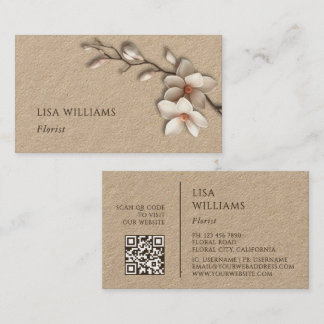 Carte De Visite Magnolia rustique 3D en ivoire | Code QR