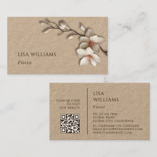 Carte De Visite Magnolia rustique 3D en ivoire | Code QR (Devant / Derrière)