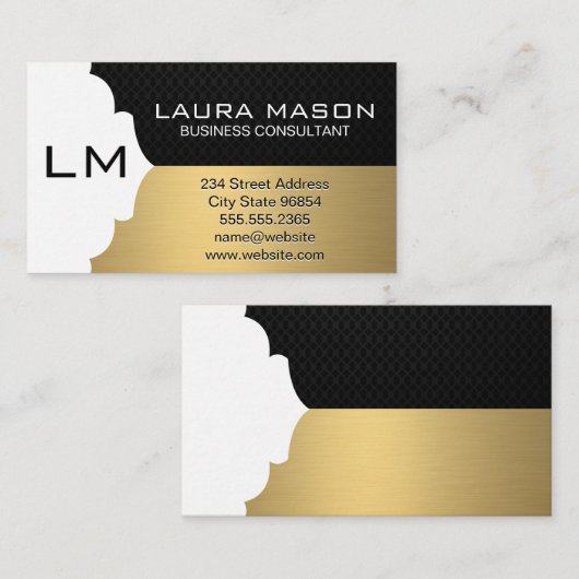 Carte De Visite Maillage noir brossé d'or d'entreprise avec monogr (Devant / Derrière)