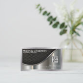 Carte De Visite Maillage noir et argent métallique | Code QR (Debout devant)