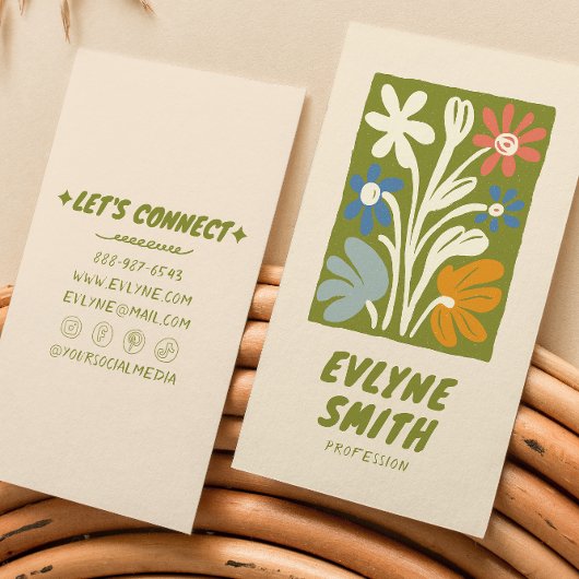 Carte De Visite Main dessinée Écrite Vert Gras Rétro Boho Floral