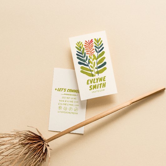 Carte De Visite Main dessinée Écrite Vert Gras Retro Fleur Funky