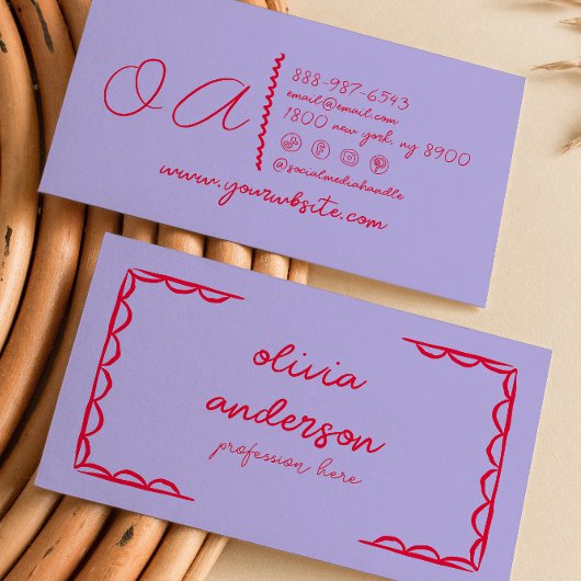 Carte De Visite Main rouge violet rétro Écrite Tiré Fille Quirky