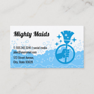 Carte De Visite Main tenant un balai Bulles de nettoyage