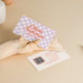 Carte De Visite Main violette rétro tirée À damiers code QR Super